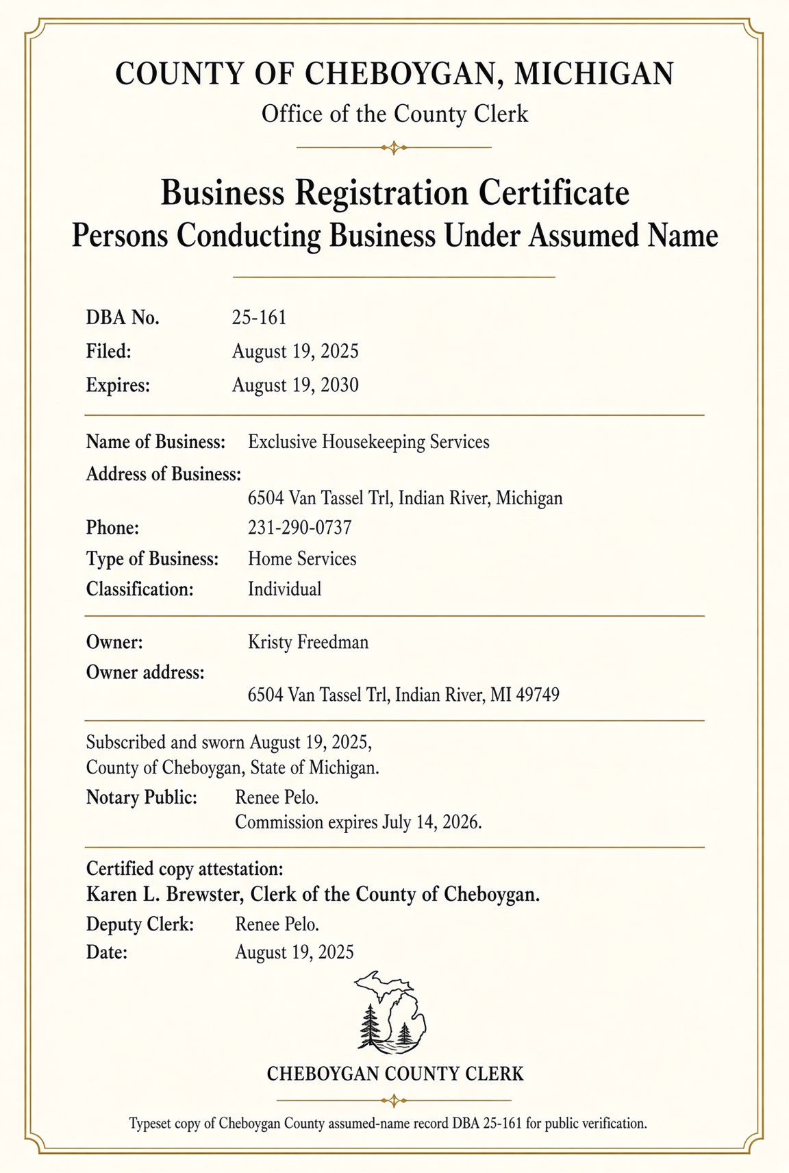 Typeset Cheboygan County DBA certificate 25-161 Exclusive Housekeeping Services Indian River Michigan