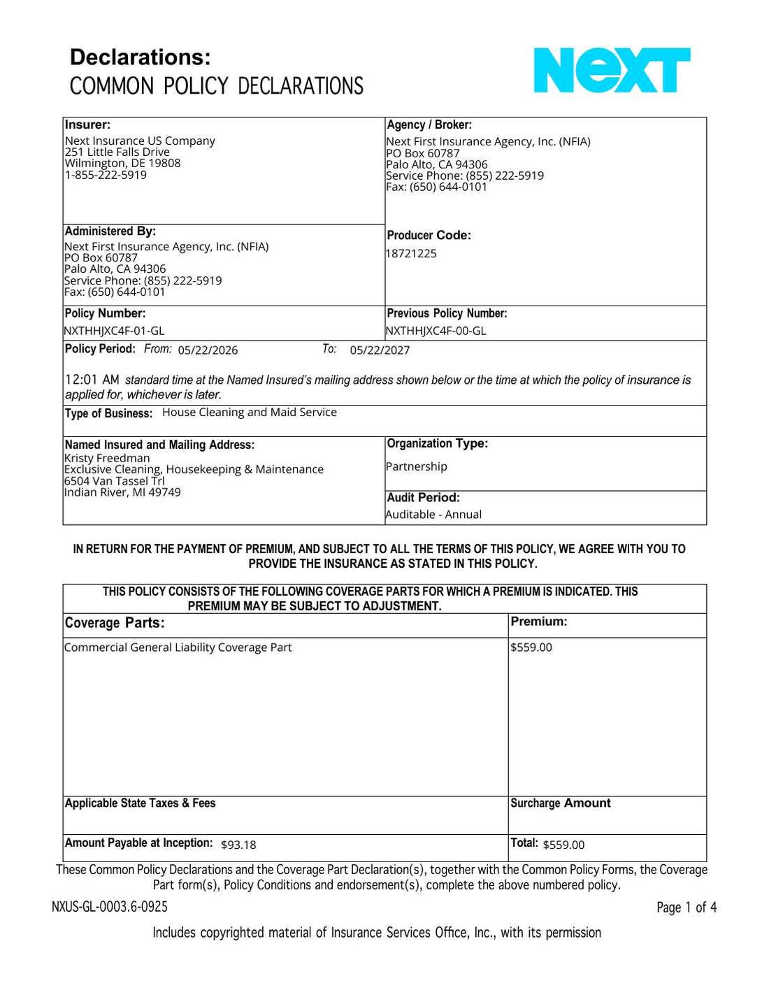 Commercial general liability policy declarations for Exclusive Housekeeping maid service Indian River MI