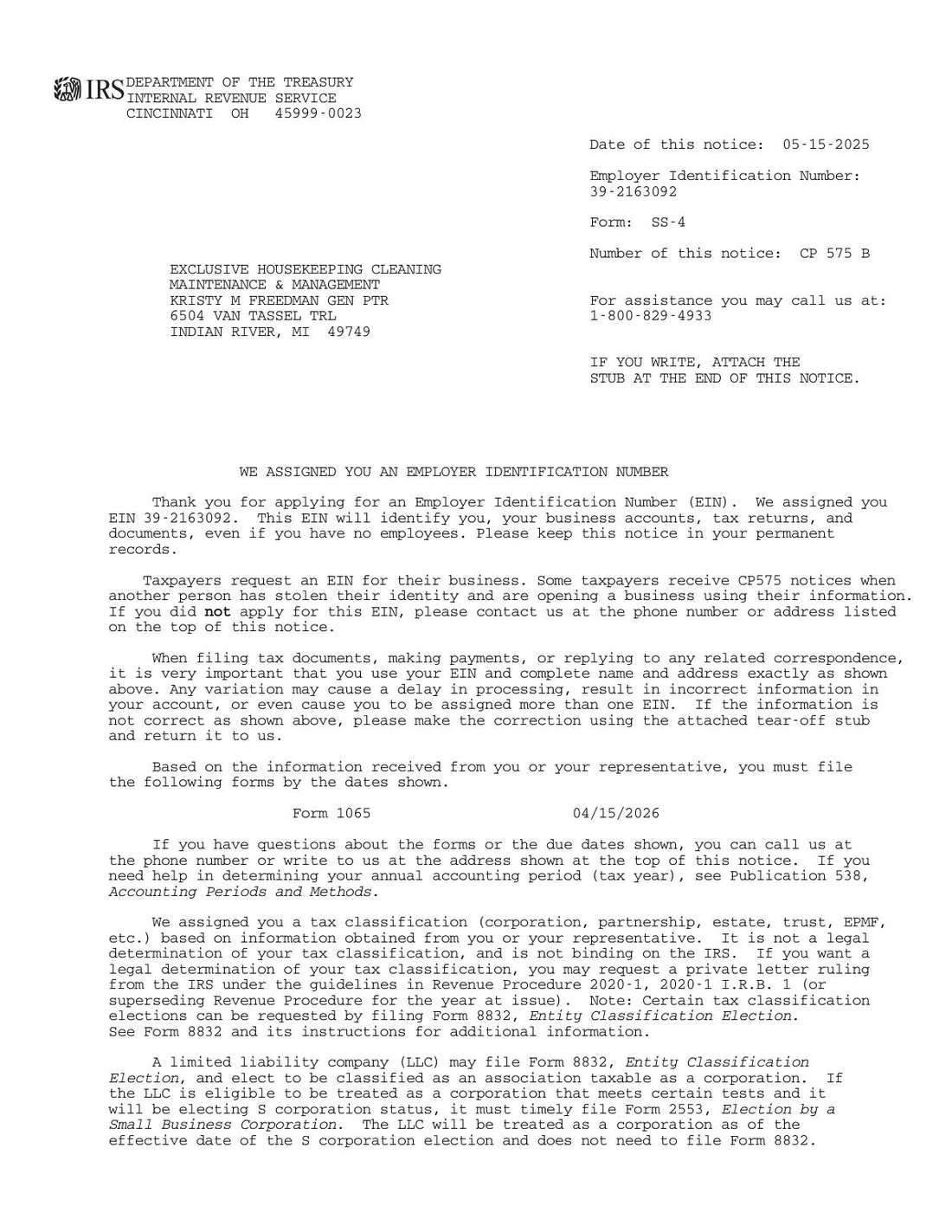 IRS CP575 EIN assignment notice for Exclusive Housekeeping, Indian River Michigan