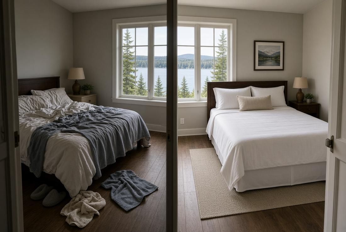 Before and after Airbnb / lake-house bedroom cleaning