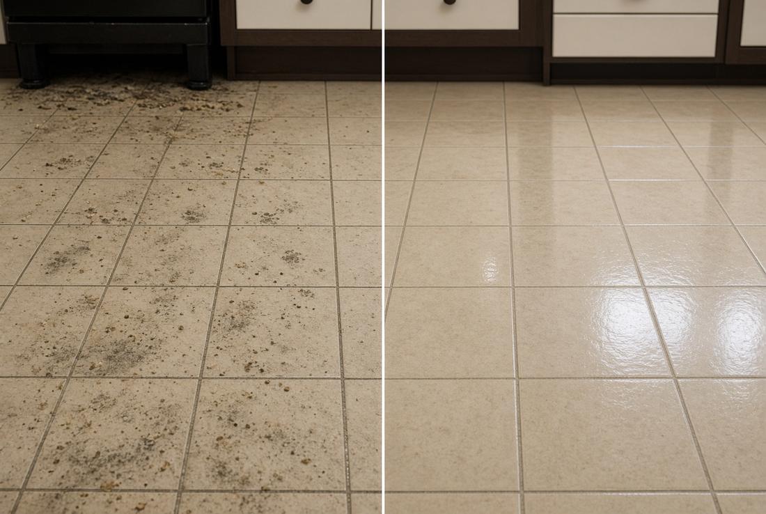 Before and after Kitchen floor cleaning