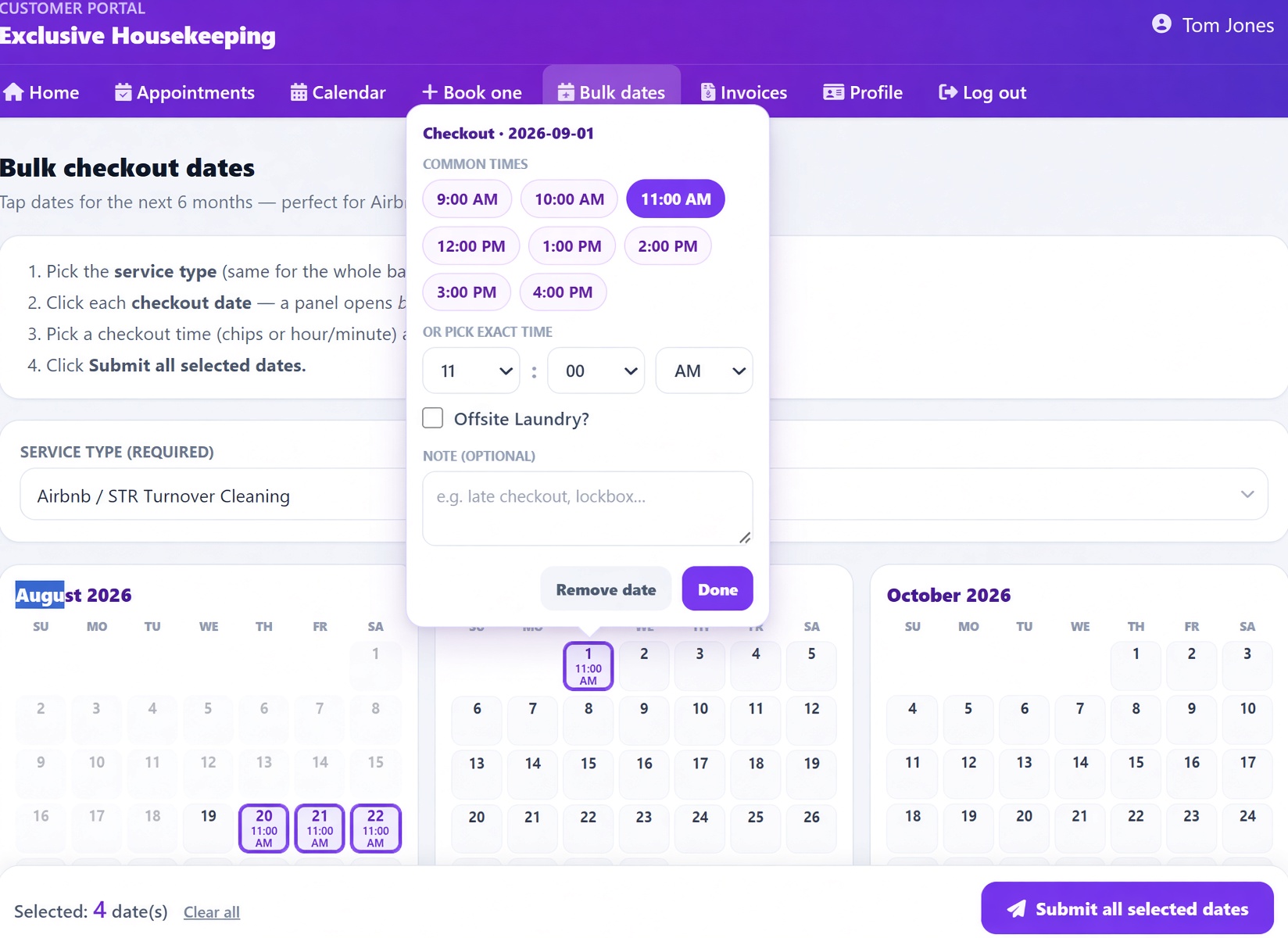 Bulk checkout dates calendar for Airbnb and STR turnover scheduling