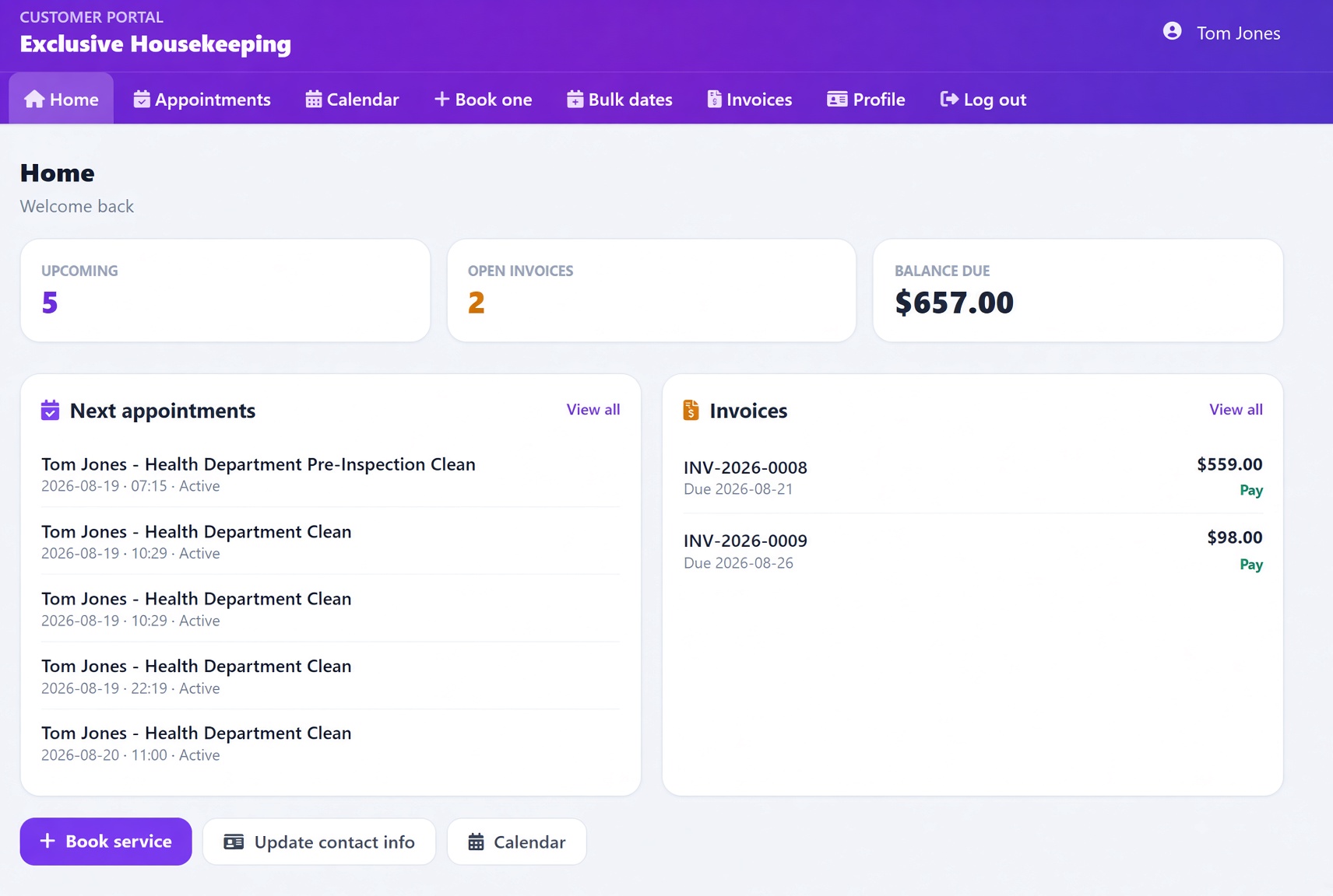 Customer Portal home dashboard showing upcoming appointments, open invoices, and balance due