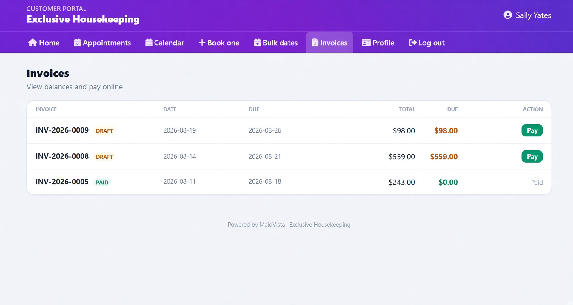 Invoices screen with online pay buttons for open balances