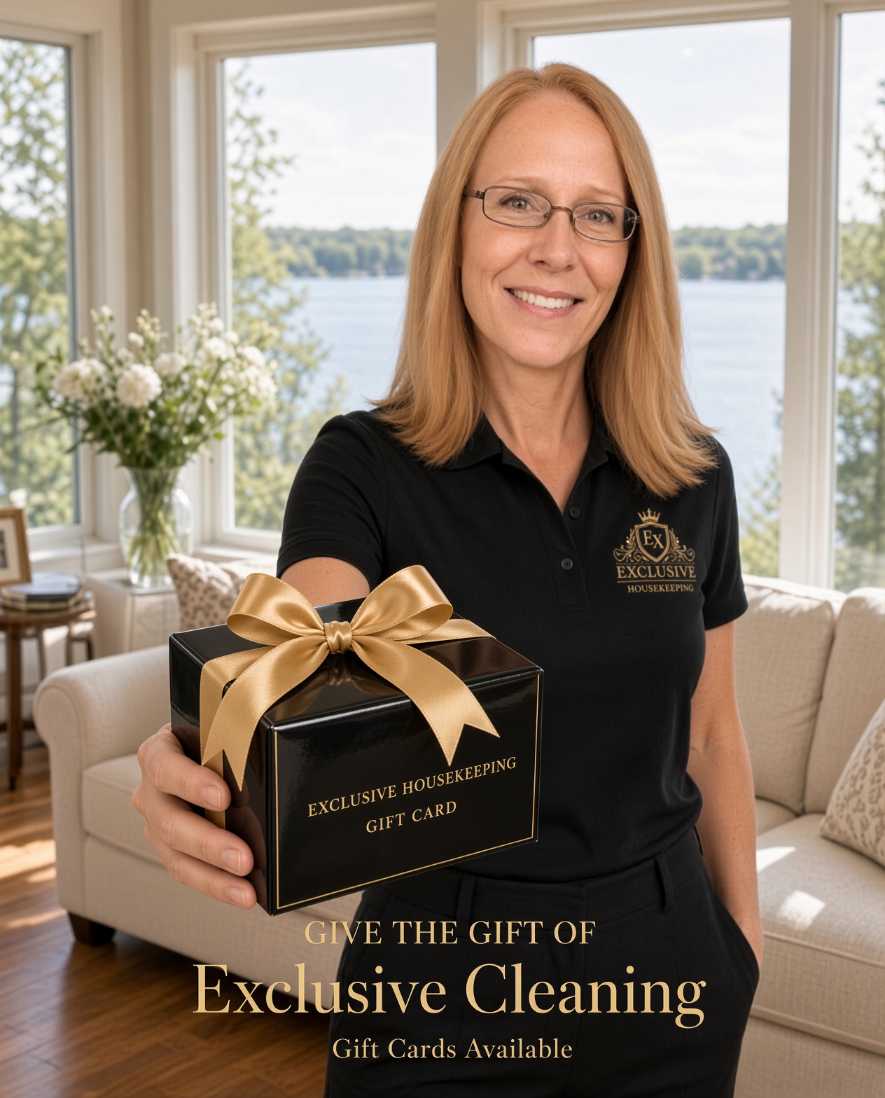 Kristy with an Exclusive Housekeeping gift card — give the gift of Exclusive cleaning
